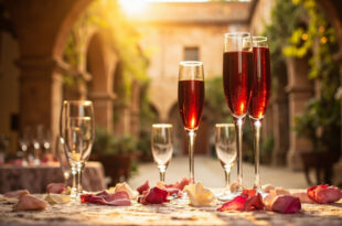 Crystal wine glass with red wine on lace table with rose petals in Spanish courtyard with stone archways