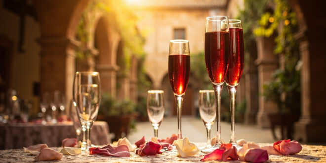 Crystal wine glass with red wine on lace table with rose petals in Spanish courtyard with stone archways