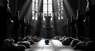 Empty church interior with plush toys on stone floor, blue soccer ball in foreground, black ribbons on wooden pews