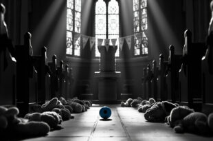 Empty church interior with plush toys on stone floor, blue soccer ball in foreground, black ribbons on wooden pews