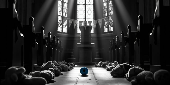 Empty church interior with plush toys on stone floor, blue soccer ball in foreground, black ribbons on wooden pews