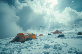 Camping tents and hiking equipment buried in deep snow on mountain slopes with swirling clouds overhead