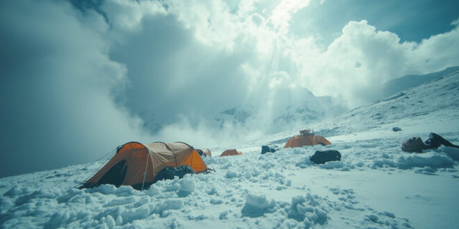 Camping tents and hiking equipment buried in deep snow on mountain slopes with swirling clouds overhead