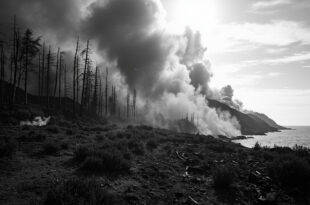 Dense smoke billowing from burnt Mediterranean pine forest against coastal backdrop, charred tree trunks visible