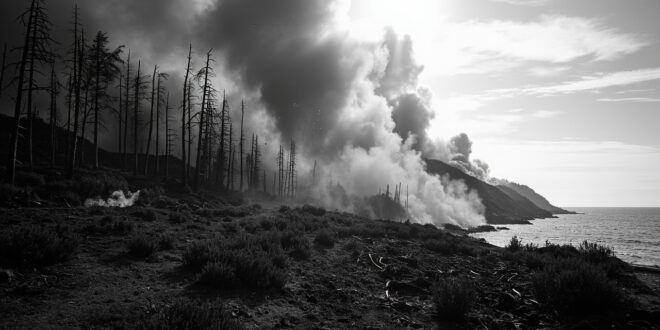 Dense smoke billowing from burnt Mediterranean pine forest against coastal backdrop, charred tree trunks visible