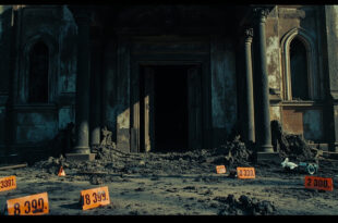 Burned church building exterior with charred walls and emergency investigation equipment scattered around the entrance