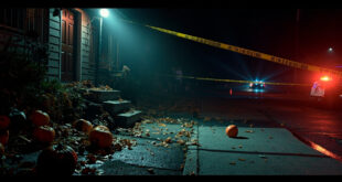 Fallen jack-o-lantern on steps with police tape and emergency lights illuminating dark residential exterior at night