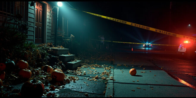 Fallen jack-o-lantern on steps with police tape and emergency lights illuminating dark residential exterior at night