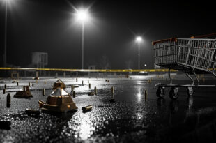 Tipped shopping cart and evidence markers on wet asphalt parking lot cordoned by yellow police tape at twilight