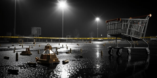 Tipped shopping cart and evidence markers on wet asphalt parking lot cordoned by yellow police tape at twilight