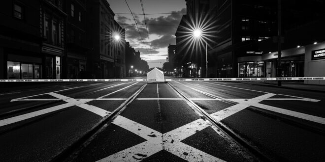 White forensic tent on cordoned urban street at dusk, police barrier tape across empty asphalt and tram tracks