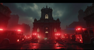 Church building with damaged front doors surrounded by emergency vehicles and flashing lights in somber daylight