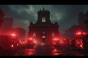 Church building with damaged front doors surrounded by emergency vehicles and flashing lights in somber daylight