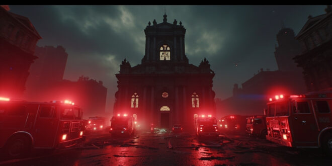 Church building with damaged front doors surrounded by emergency vehicles and flashing lights in somber daylight