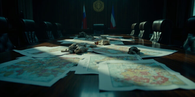 Topographic maps and scattered documents on dark wooden conference table in empty government meeting room