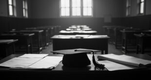 Empty university examination hall with single graduation cap left on wooden desk among scattered papers