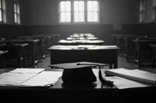 Empty university examination hall with single graduation cap left on wooden desk among scattered papers