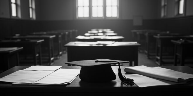 Empty university examination hall with single graduation cap left on wooden desk among scattered papers