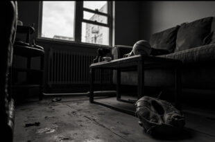 Softball bat and glove abandoned on apartment furniture in dim lighting with urban view through window