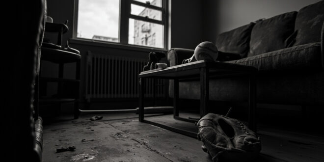 Softball bat and glove abandoned on apartment furniture in dim lighting with urban view through window