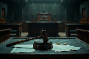 Empty courtroom with wooden gavel on bench, scales of justice visible, no people present