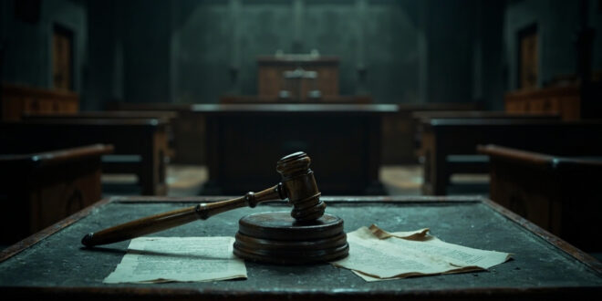 Empty courtroom with wooden gavel on bench, scales of justice visible, no people present