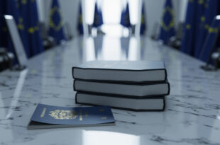 Closed passport with golden details lies beside stacked legal documents on marble surface with EU flag in background