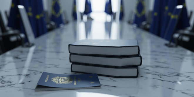 Closed passport with golden details lies beside stacked legal documents on marble surface with EU flag in background