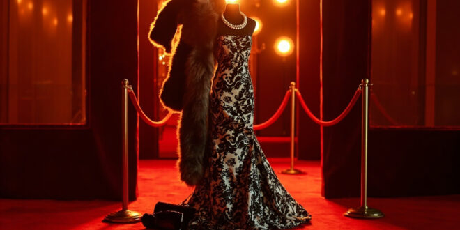 Black and white printed dress with faux-fur shawl, pearl necklace, and black clutch on red carpet backdrop