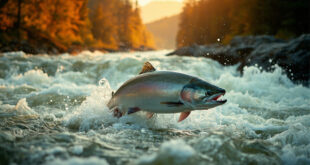 Salmon leaping upstream through cascading waterfalls in Alaskan wilderness during autumn spawning season.