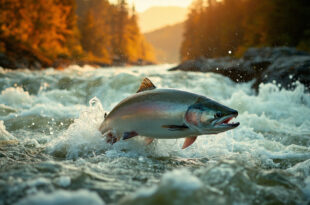Salmon leaping upstream through cascading waterfalls in Alaskan wilderness during autumn spawning season.