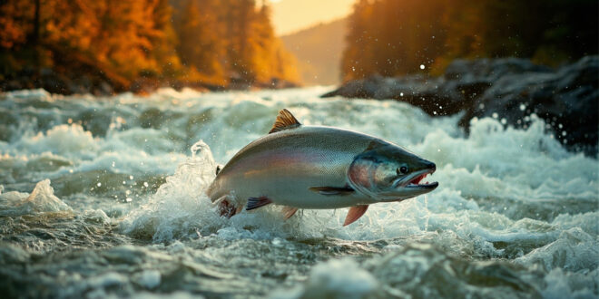 Salmon leaping upstream through cascading waterfalls in Alaskan wilderness during autumn spawning season.