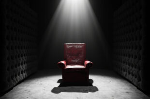 Empty red leather chair in padded diary room under harsh spotlight with dark vignette edges
