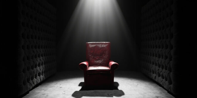 Empty red leather chair in padded diary room under harsh spotlight with dark vignette edges
