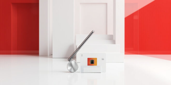Smartphone displaying digital ID interface next to traditional paper identity card on clean white surface