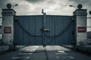 Locked steel gate at border checkpoint with concrete barriers under overcast sky