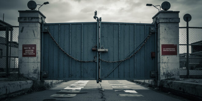 Locked steel gate at border checkpoint with concrete barriers under overcast sky