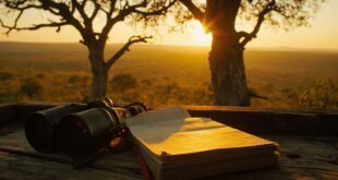 Open field notebook with binoculars on wooden platform overlooking misty African forest at sunrise.