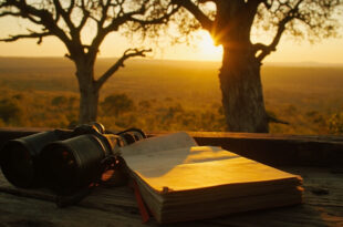 Open field notebook with binoculars on wooden platform overlooking misty African forest at sunrise.