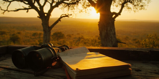 Open field notebook with binoculars on wooden platform overlooking misty African forest at sunrise.