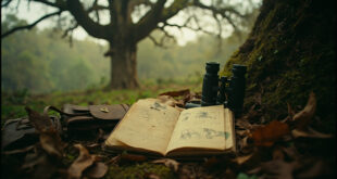Vintage binoculars and research notebooks arranged on moss-covered log in tropical forest setting