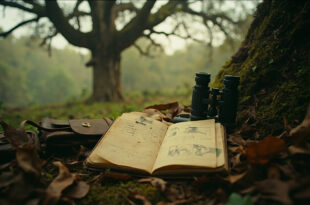 Vintage binoculars and research notebooks arranged on moss-covered log in tropical forest setting