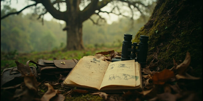 Vintage binoculars and research notebooks arranged on moss-covered log in tropical forest setting