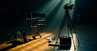 Film camera and directors chair on dark soundstage with dramatic lighting and production equipment scattered around