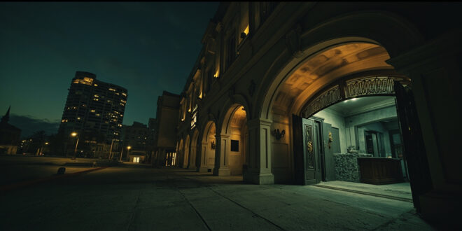 Exterior view of closed luxury hotel building in Cairo with darkened windows and empty entrance area at twilight