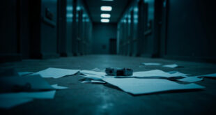 Hidden recording device positioned among scattered police documents and official papers on institutional desk