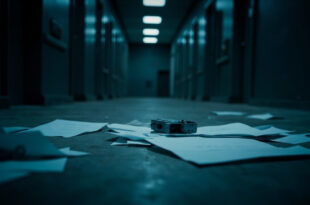 Hidden recording device positioned among scattered police documents and official papers on institutional desk