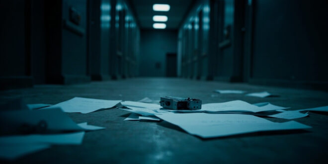 Hidden recording device positioned among scattered police documents and official papers on institutional desk