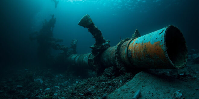 Ruptured undersea pipeline with torn metal edges surrounded by dark ocean water and scattered industrial debris