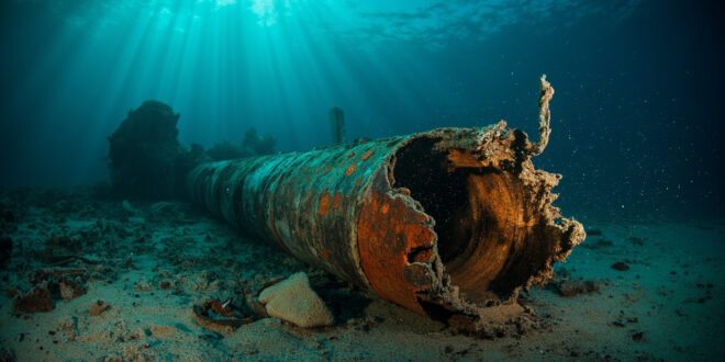 Broken underwater gas pipeline with torn metal edges lying on Baltic seabed surrounded by debris and sediment clouds